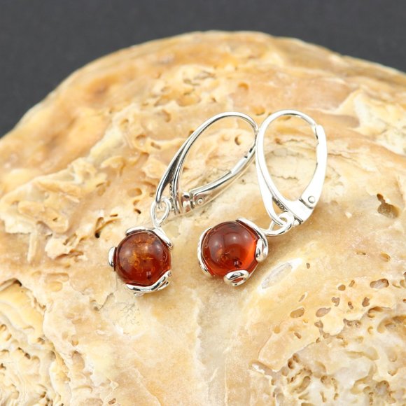 Sterling silver earrings with natural Baltic amber, amber drop earrings - Picture 9 of 14